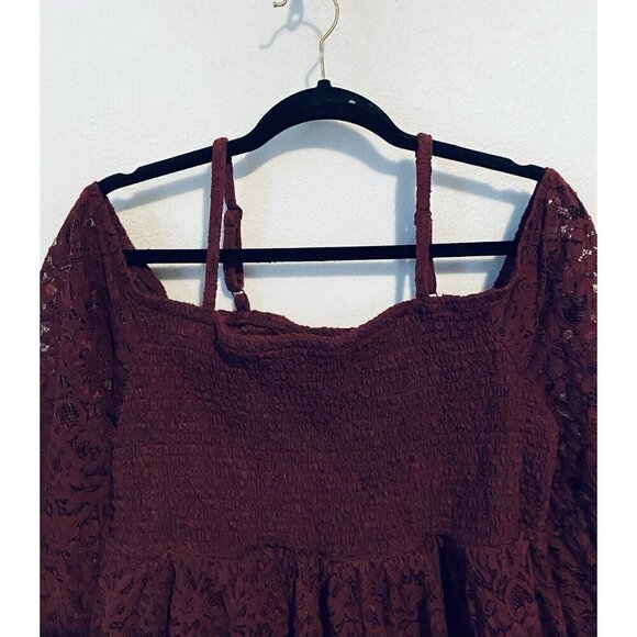 Torrid Top Womens 2X Burgundy Babydoll Lace Smocked Cold Shoulder Feminine - Picture 3 of 10